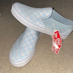 NEW WITH TAGS women’s size 7.5 blue checkered slip on vans.
